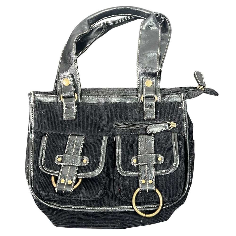 Vintage Y2K Black Corduroy Faux Leather Trim Shoulder Bag Mini Tote Handbag